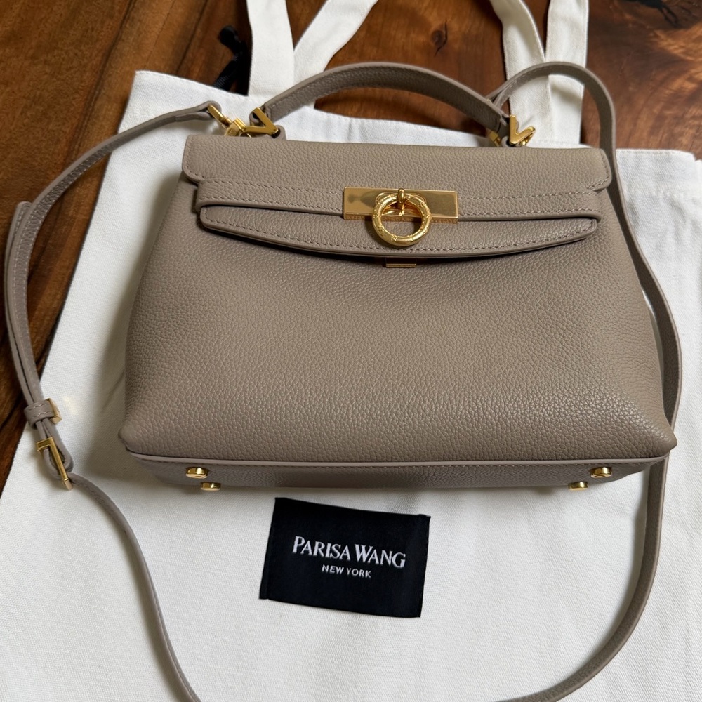 Parisa Wang Grace Taupe Leather Top-Handle Crossbody Bag